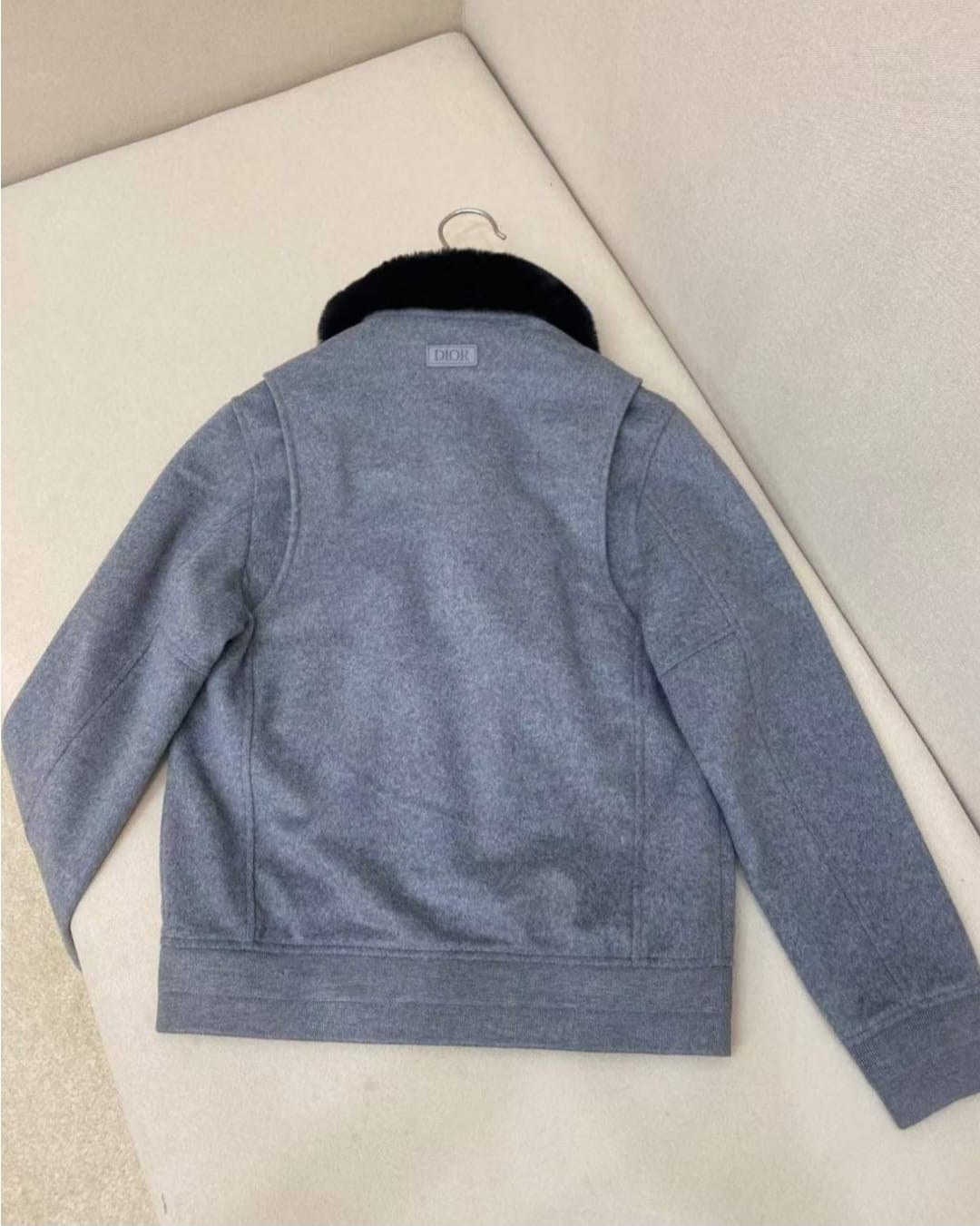 Dior - Grey Wool Bomber Jacket with Black Fur Collar