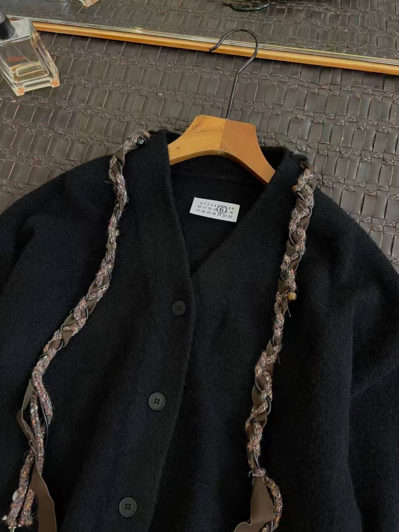 Ader Error Black V-Neck Cardigan with Unique Braided Accent