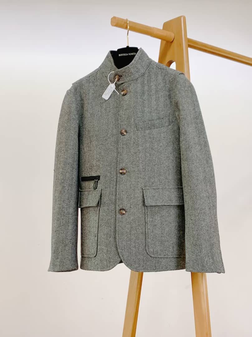 Berluti - Grey Herringbone Stand Collar Jacket Coat
