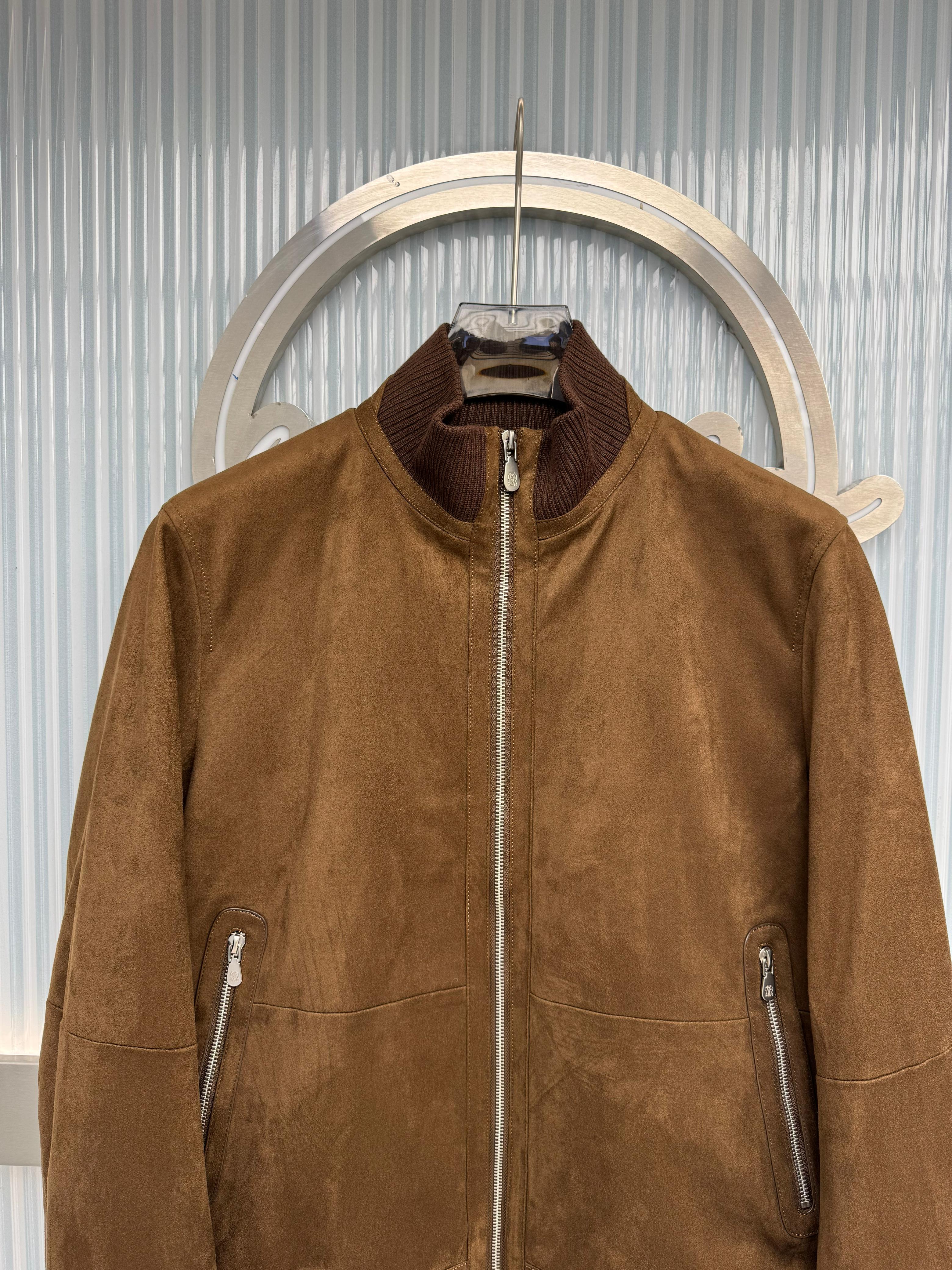 Brunello Cucinelli Suede & Knit Trim Bomber Jacket - Tobacco Brown
