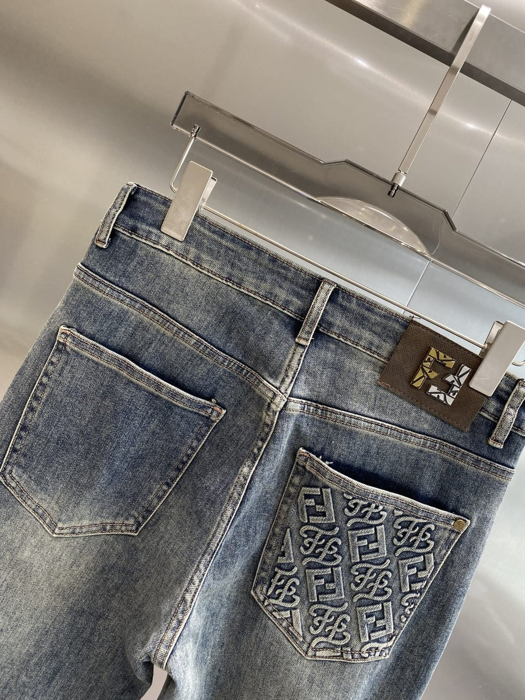 Fendi - Embroidered Pocket Slim Jeans - Medium Wash Blue