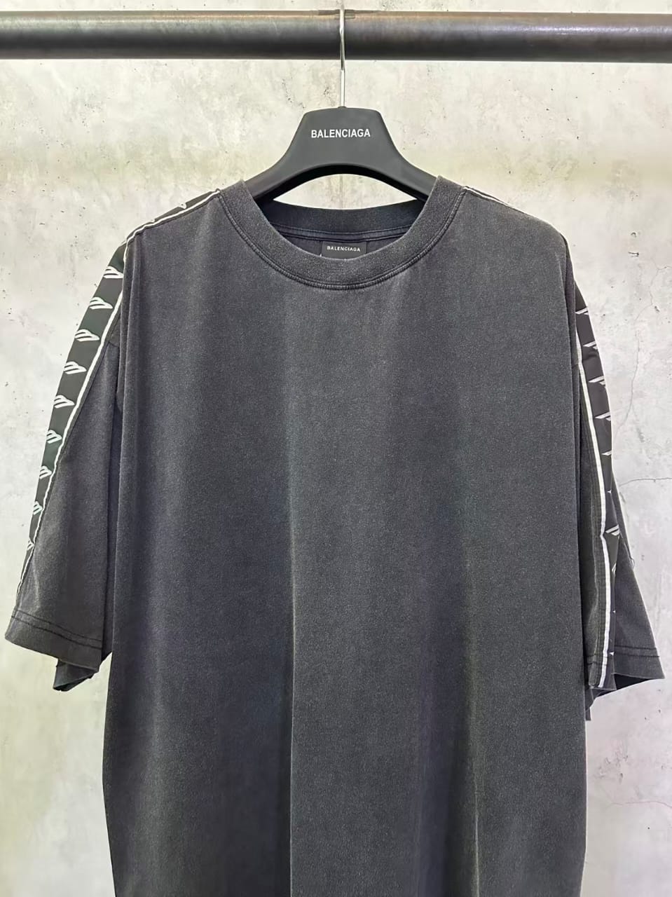 Balenciaga Stripe Logo T-Shirt – Faded Black Vintage Jersey