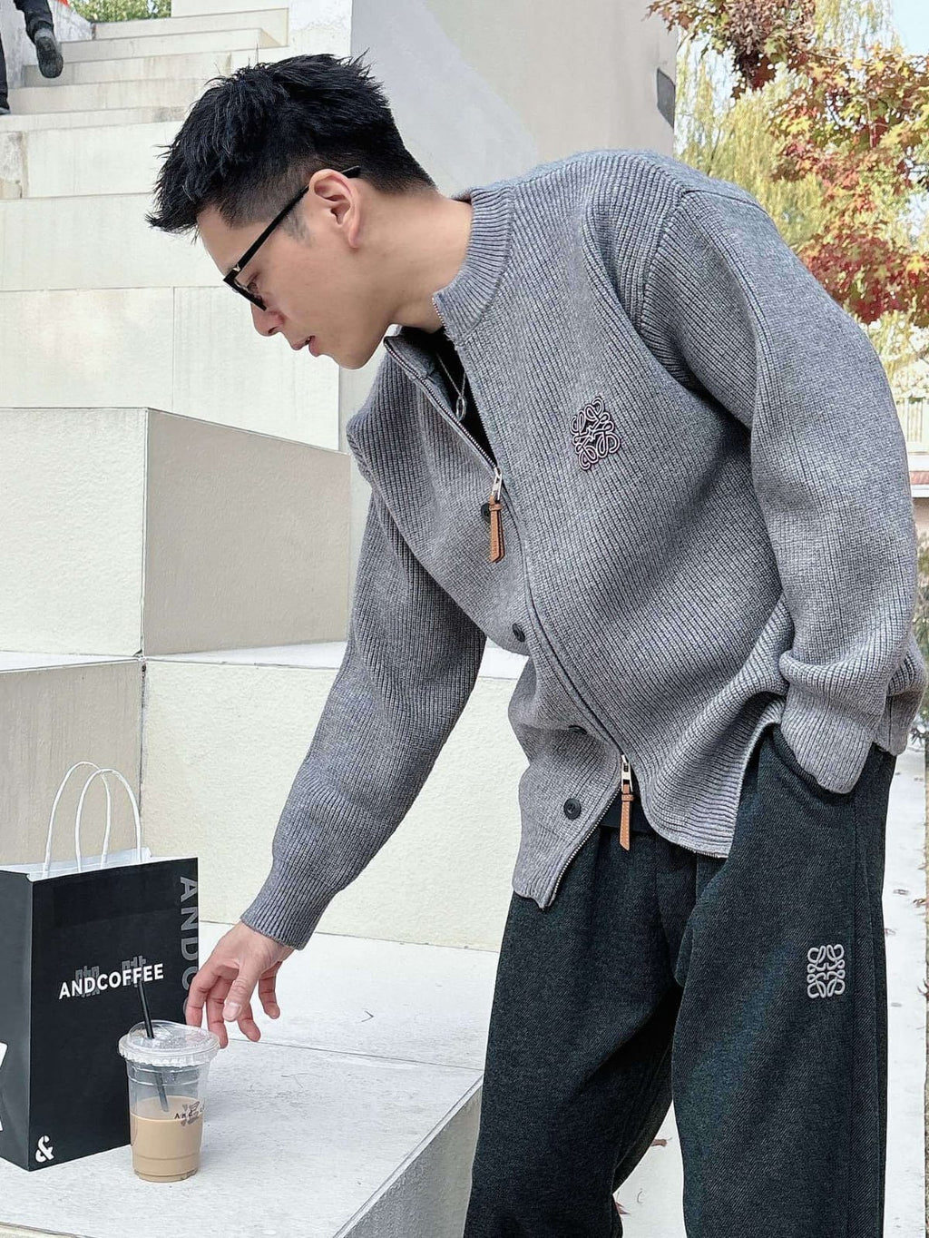 Loewe - Grey Ribbed Knit Zip-Up Cardigan