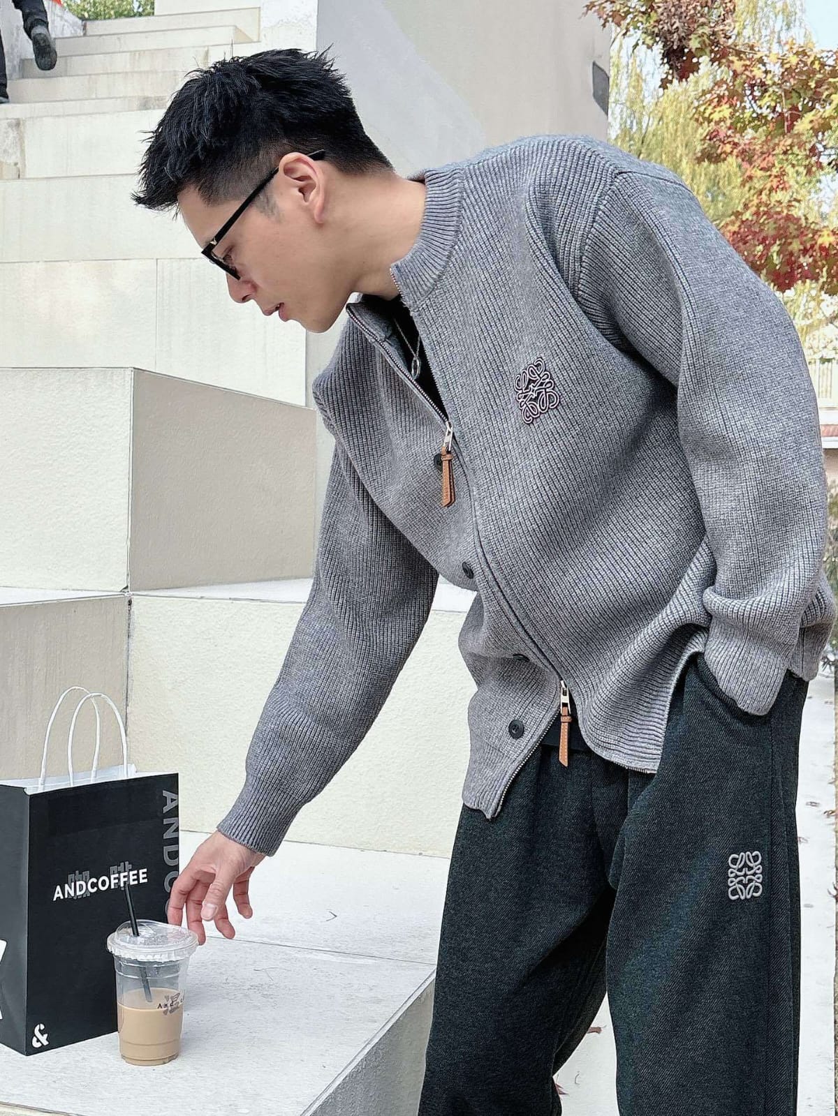 Loewe - Grey Ribbed Knit Zip-Up Cardigan