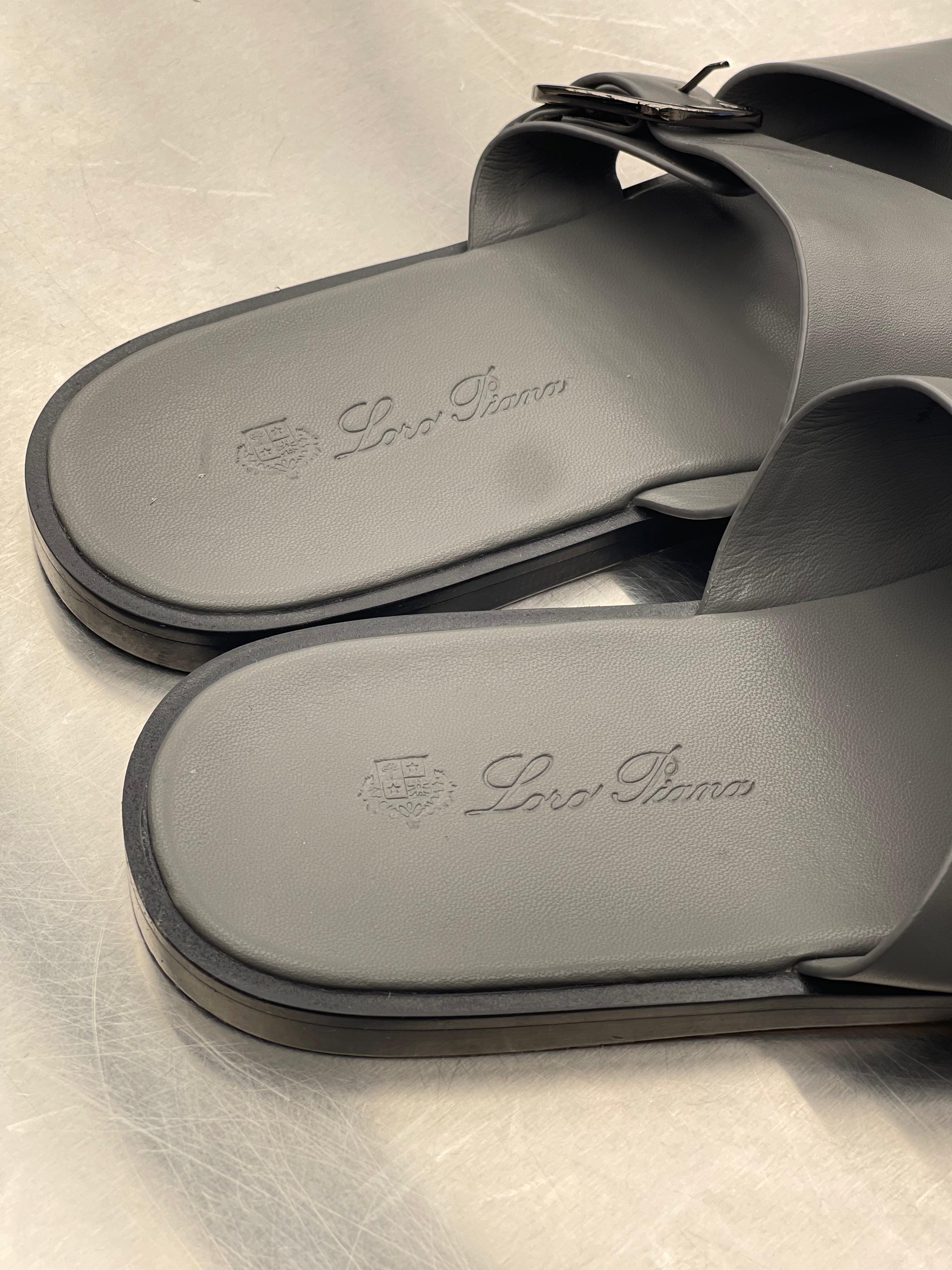 Loro Piana - Dark Grey Leather Buckle Slide Sandals
