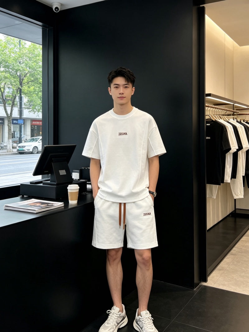 Zegna Luxury Cotton Cream T-Shirt & Shorts Matching