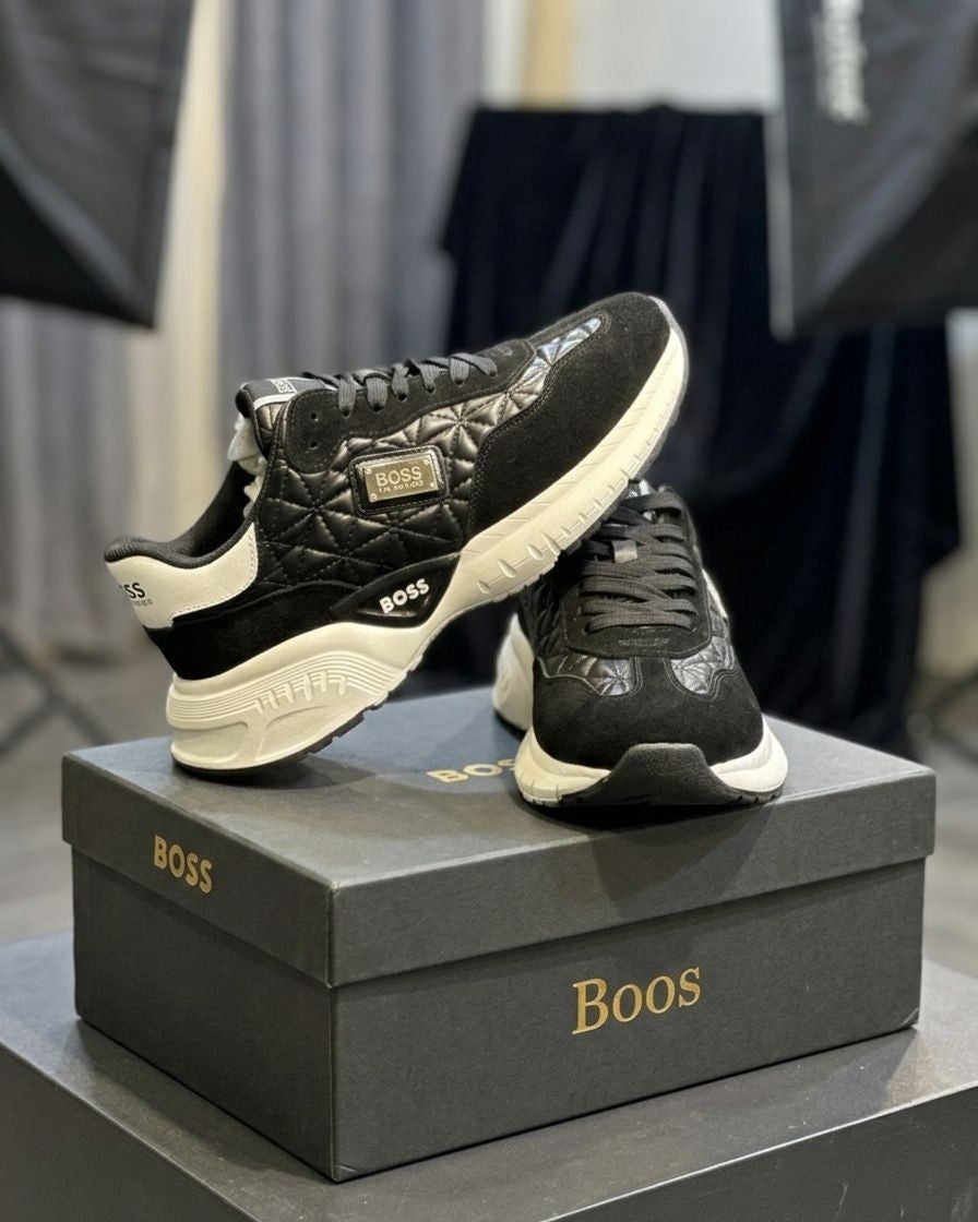 Boos - Black Quilted Panel Runner Sneakers with Chunky White Sole