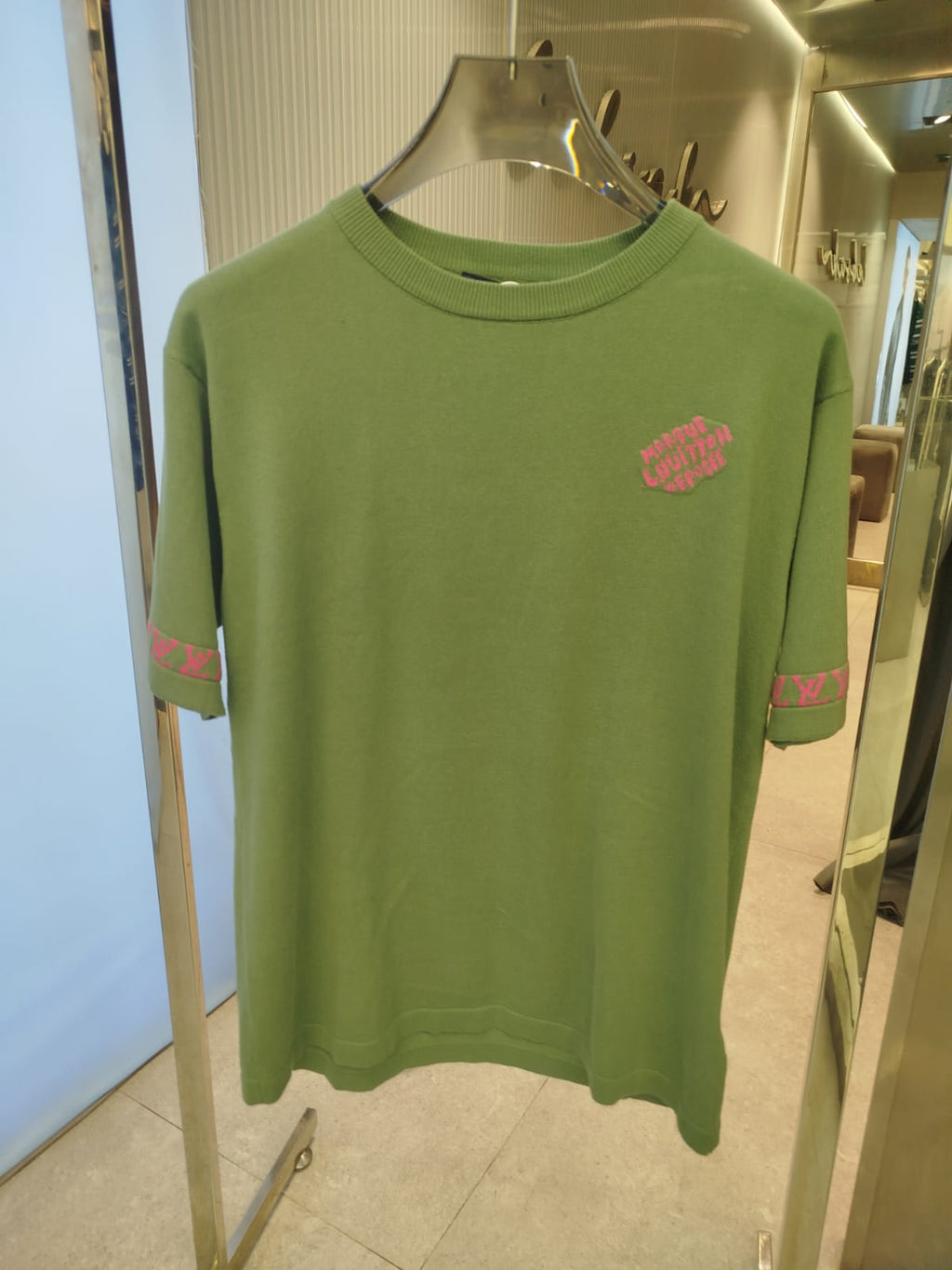 Louis Vuitton - Embroidered Monogram Trim Knit T-Shirt in Khaki Green