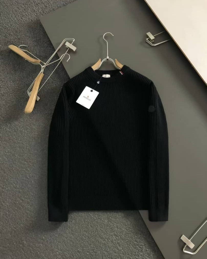 Moncler Men's Black Ribbed Knit Wool Crewneck Sweater