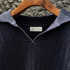 Loro Piana - Navy Blue Ribbed Knit Polo Sweater