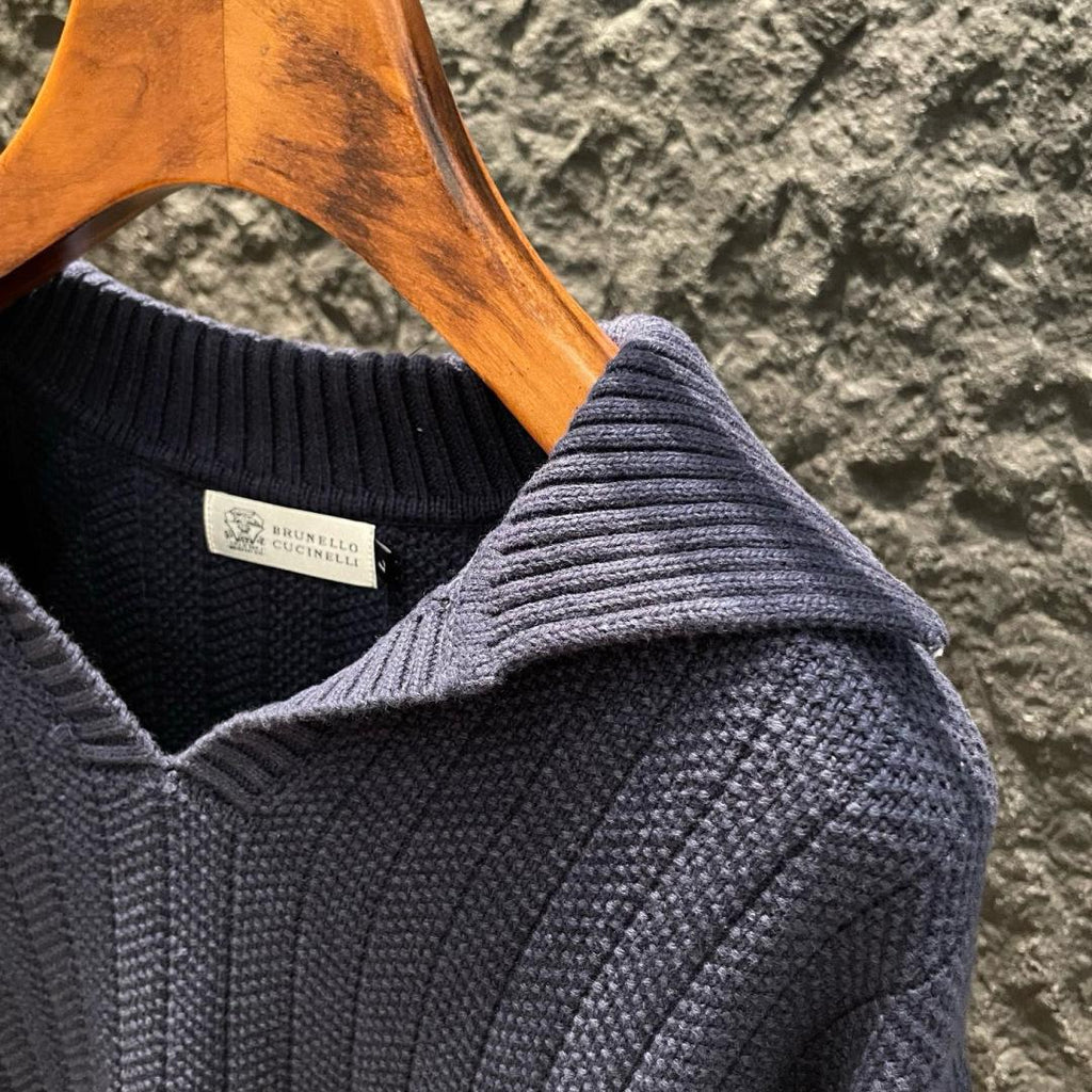 Loro Piana - Navy Blue Ribbed Knit Polo Sweater