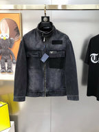 Prada - Dark Grey Washed Denim & Contrast Panel Zip Jacket