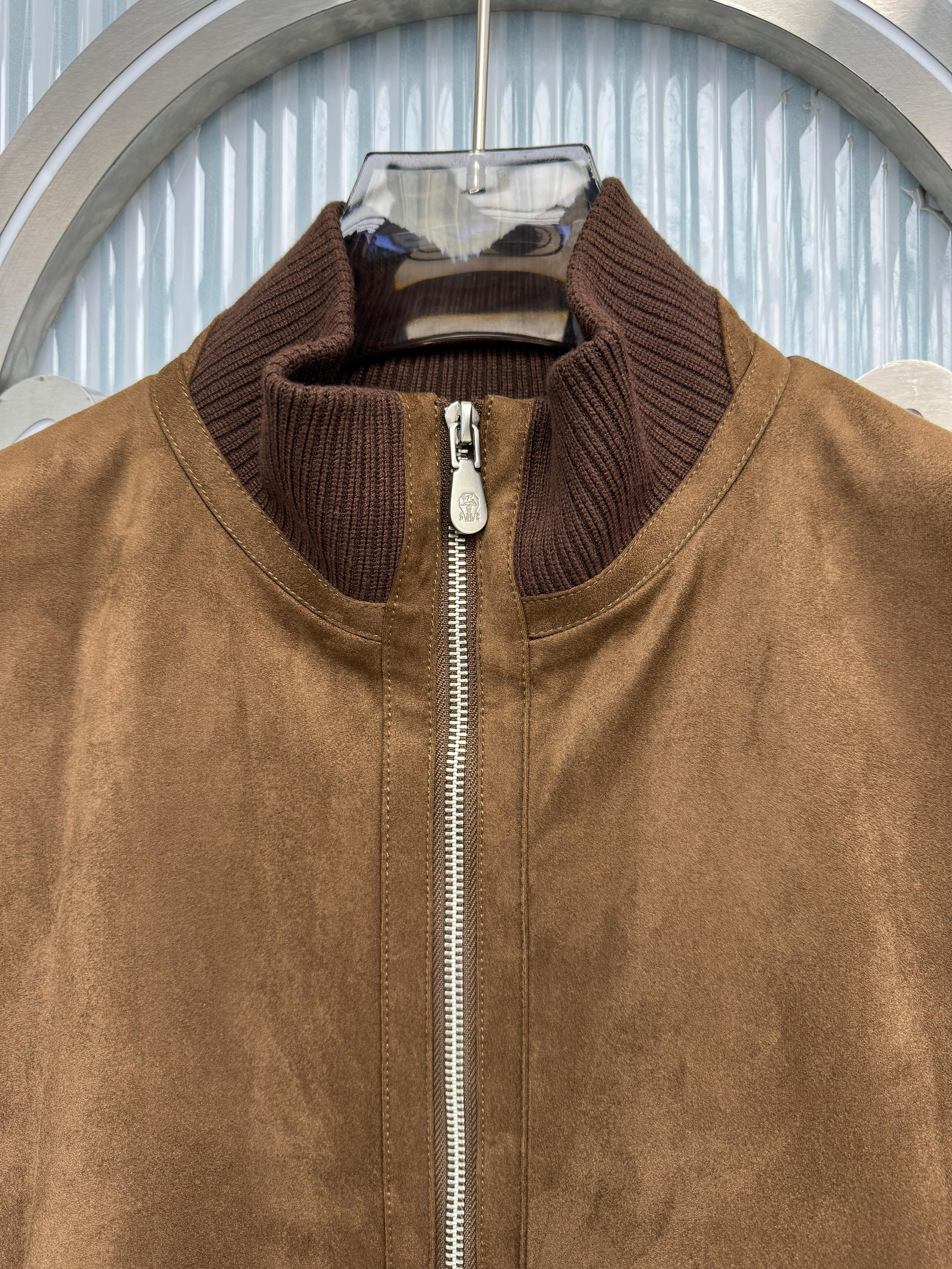 Brunello Cucinelli Suede & Knit Trim Bomber Jacket - Tobacco Brown