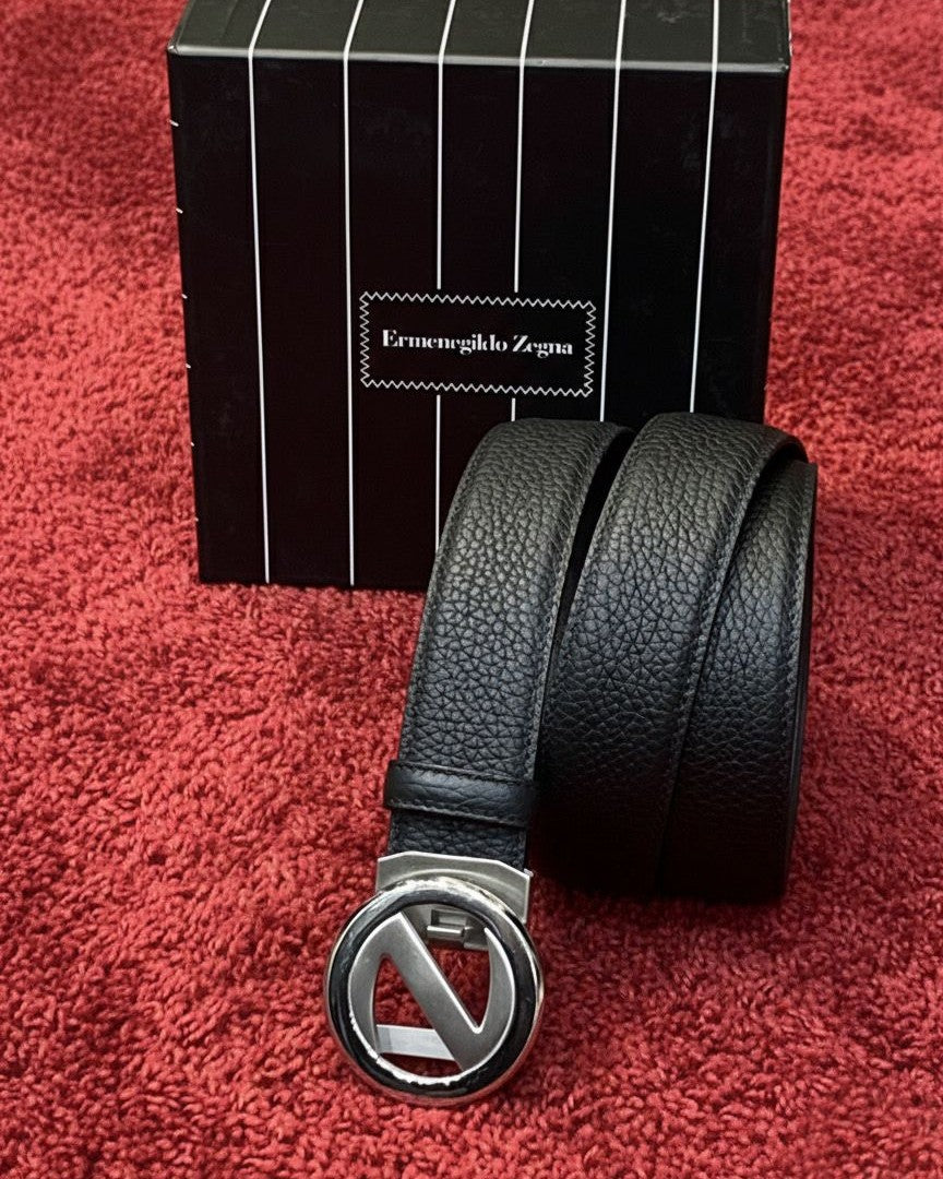 Ermenegildo Zegna - Men's Black Pebbled Leather Belt with Silver 'Z' Logo Buckle