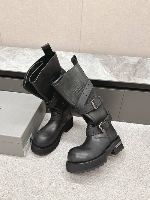 Balenciaga - Strike Distressed Leather Buckle Boots - Black