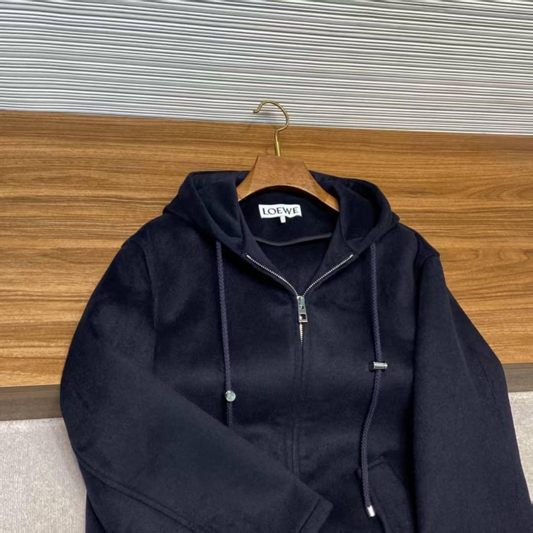 LOEWE Hooded Coat | Black Wool-Blend Anagram Jacquard