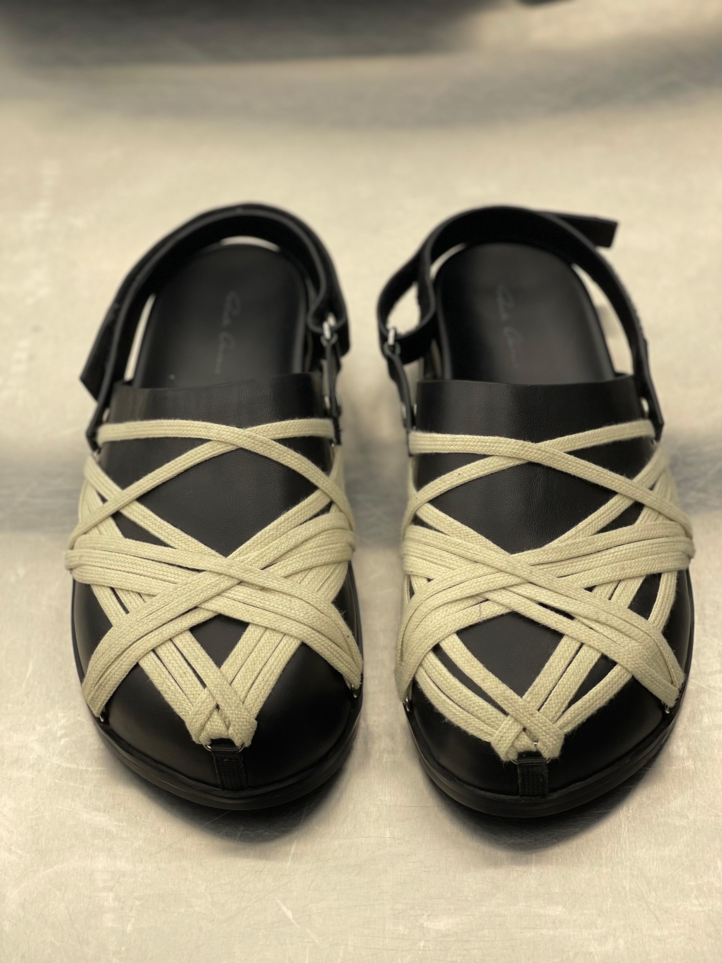 Rick Owens - Black Leather & Cream Rope Laced Sandals