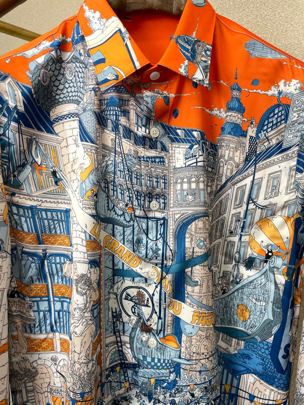 Hermès - Men's Architectural City Print Long-Sleeve Shirt - Orange & Blue
