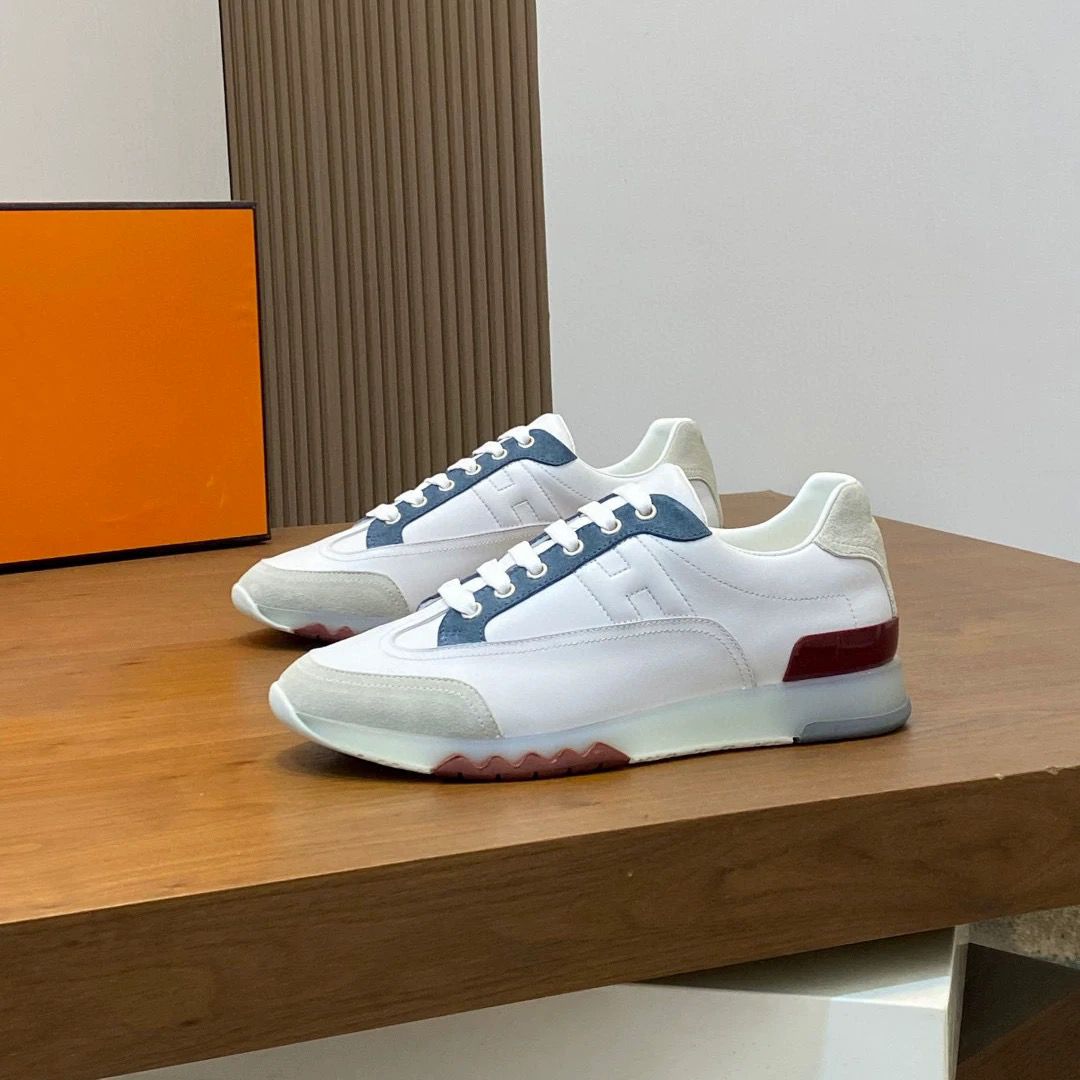 Hermes - White Leather & Suede Trainers with Blue and Burgundy Accents