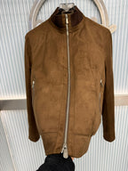 Brunello Cucinelli Suede & Knit Trim Bomber Jacket - Tobacco Brown