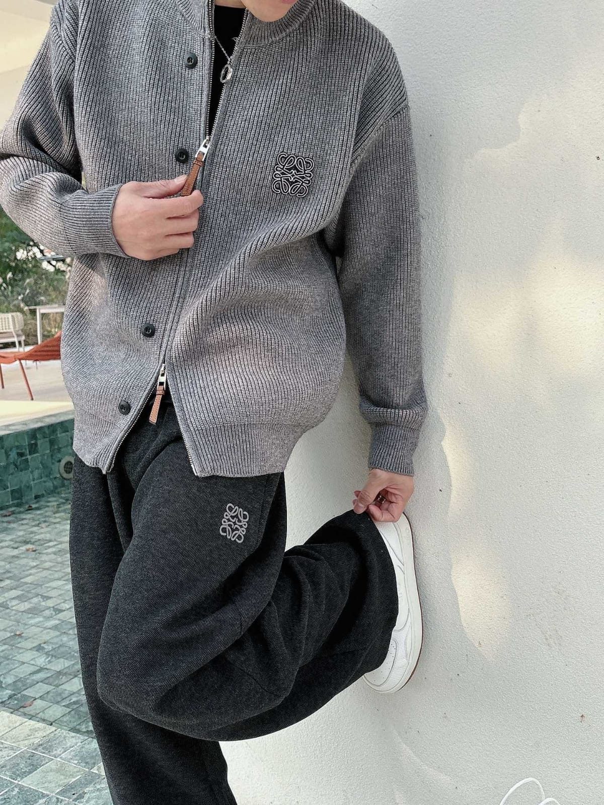 Loewe - Grey Ribbed Knit Zip-Up Cardigan