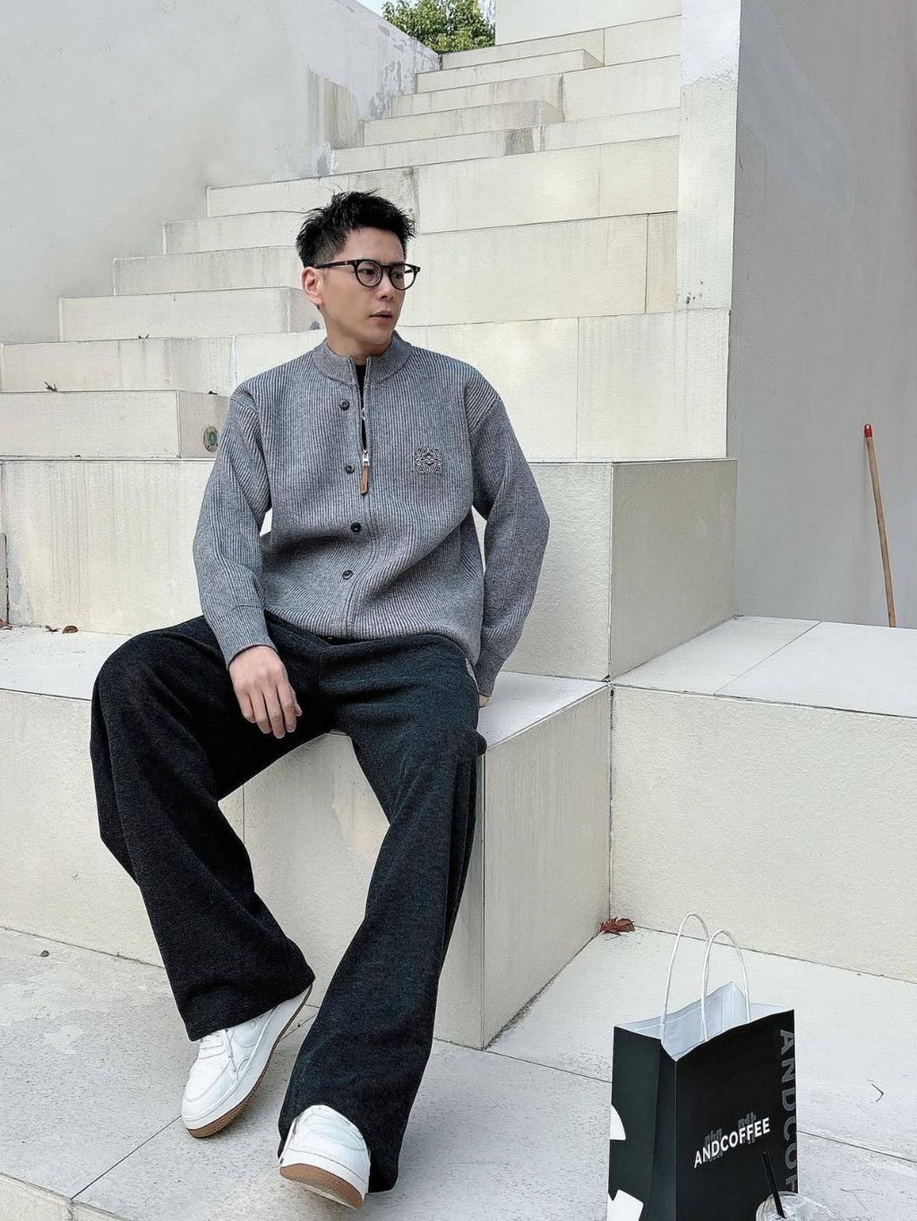 Loewe - Grey Ribbed Knit Zip-Up Cardigan