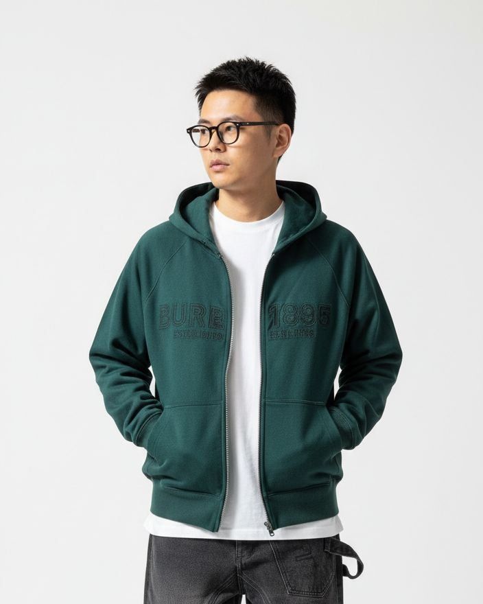 Burberry - Green Zip-Up Hoodie with 'Burberry 1856' Embroidery