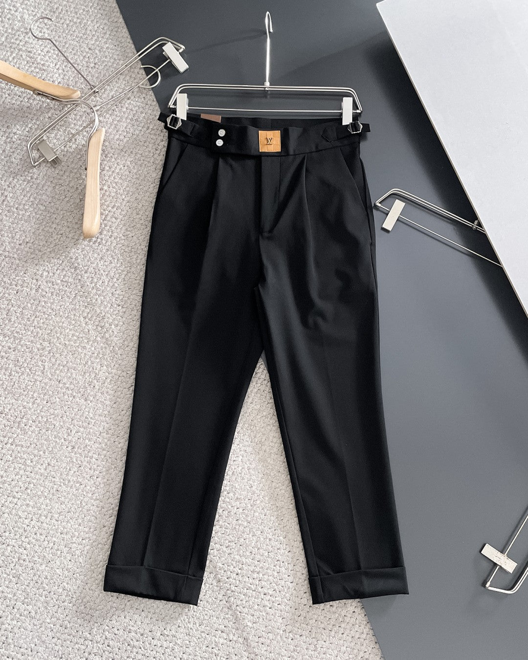 Louis Vuitton - Men's Black Tailored Pleated Trousers with LV Logo Detail