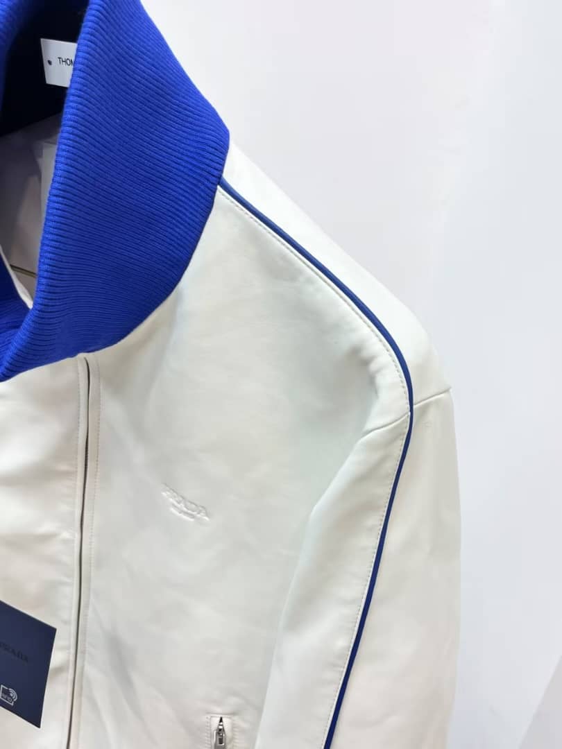 Prada - Men's White Nappa Leather Blouson Jacket with Contrast Blue Ribbed Trim