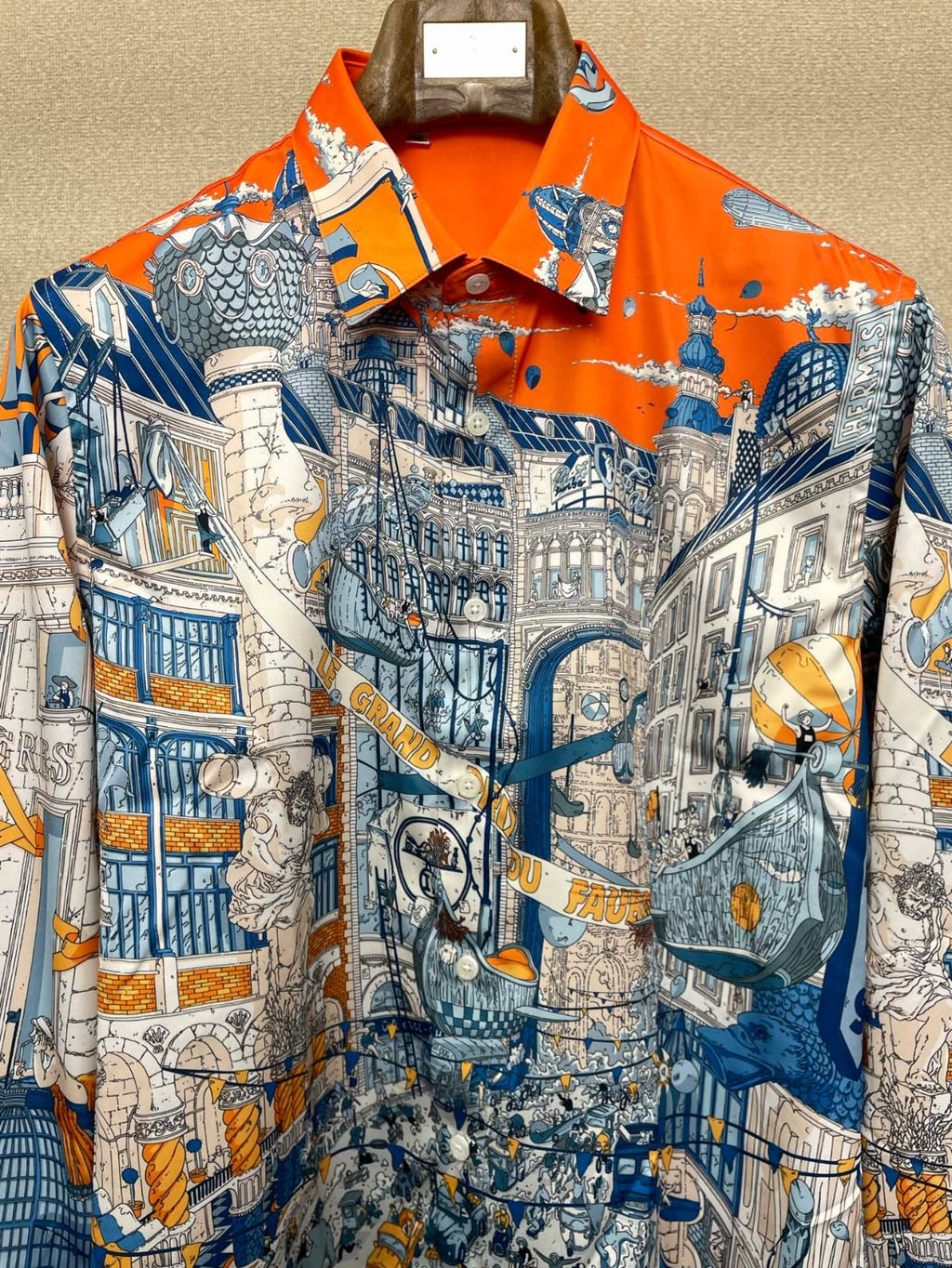 Hermès - Men's Architectural City Print Long-Sleeve Shirt - Orange & Blue