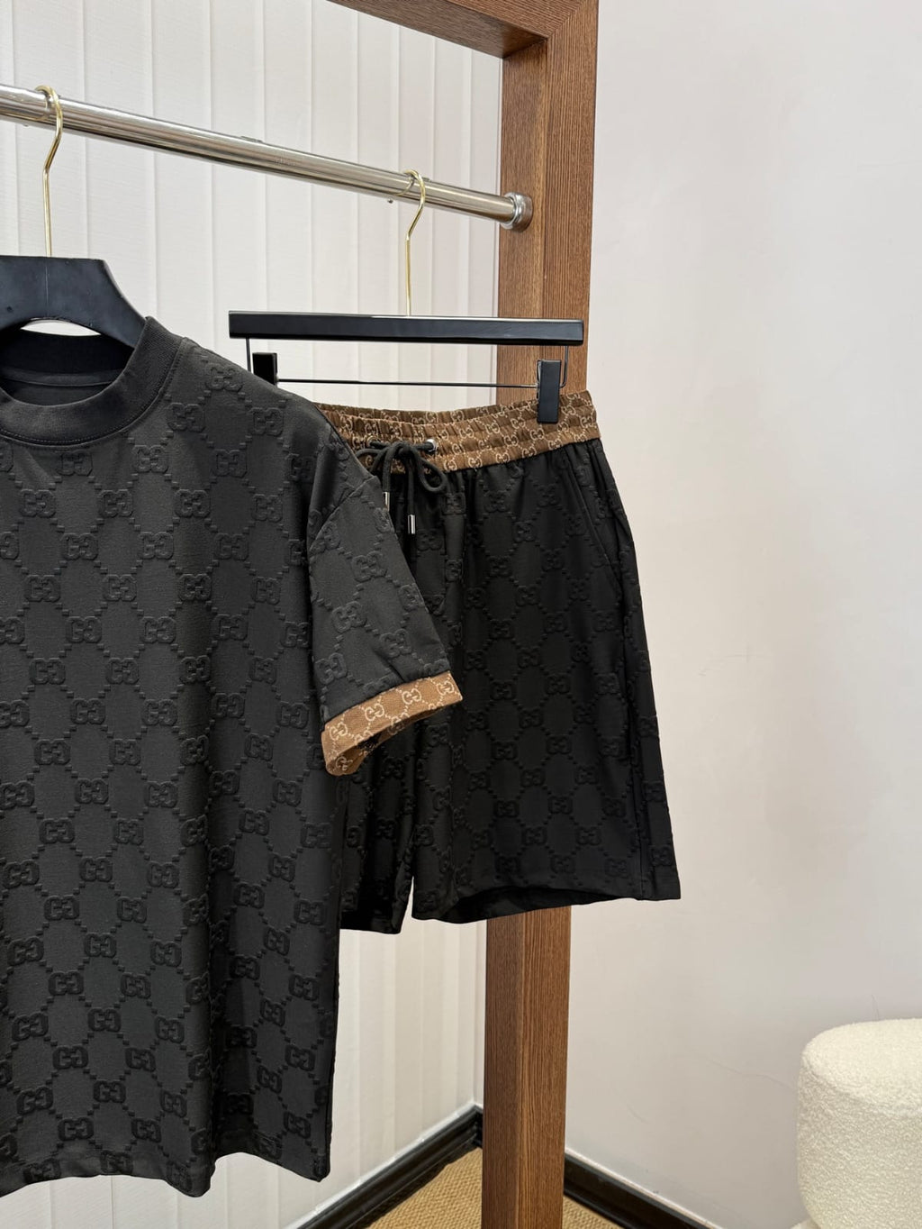 Men's Luxury Monogram Jacquard T-Shirt & Shorts Matching Set – Black