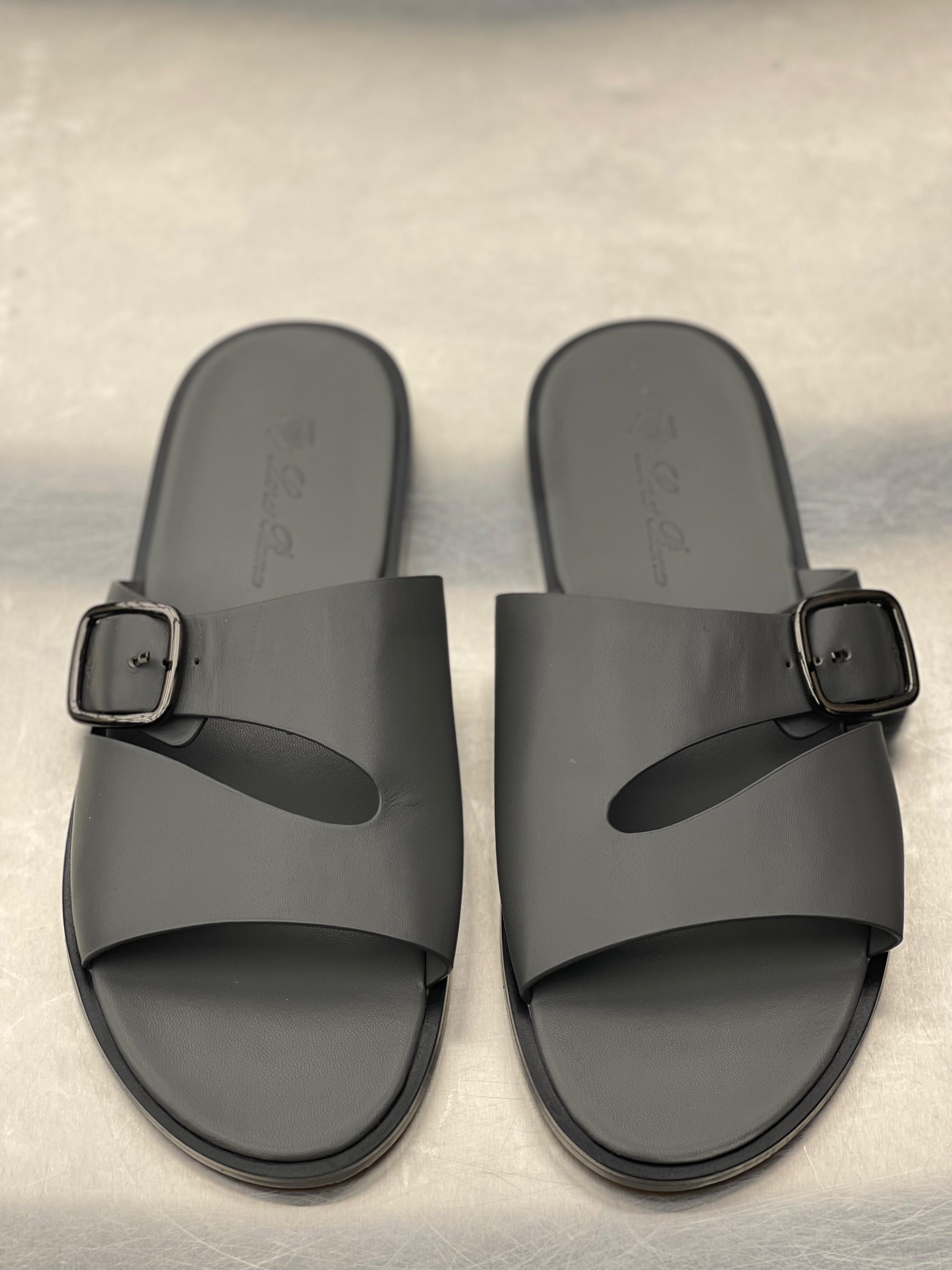 Loro Piana - Dark Grey Leather Buckle Slide Sandals