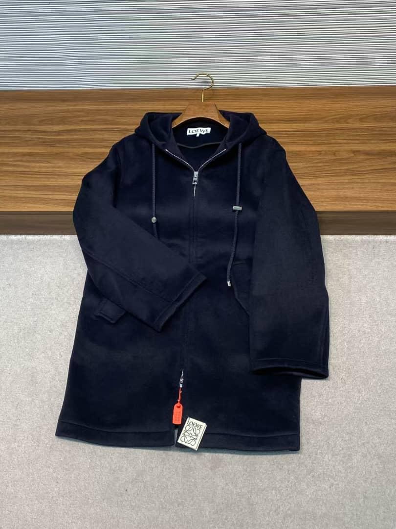 LOEWE Hooded Coat | Black Wool-Blend Anagram Jacquard