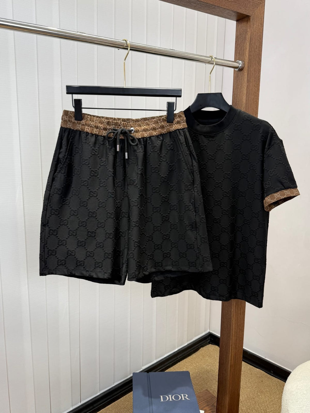 Men's Luxury Monogram Jacquard T-Shirt & Shorts Matching Set – Black