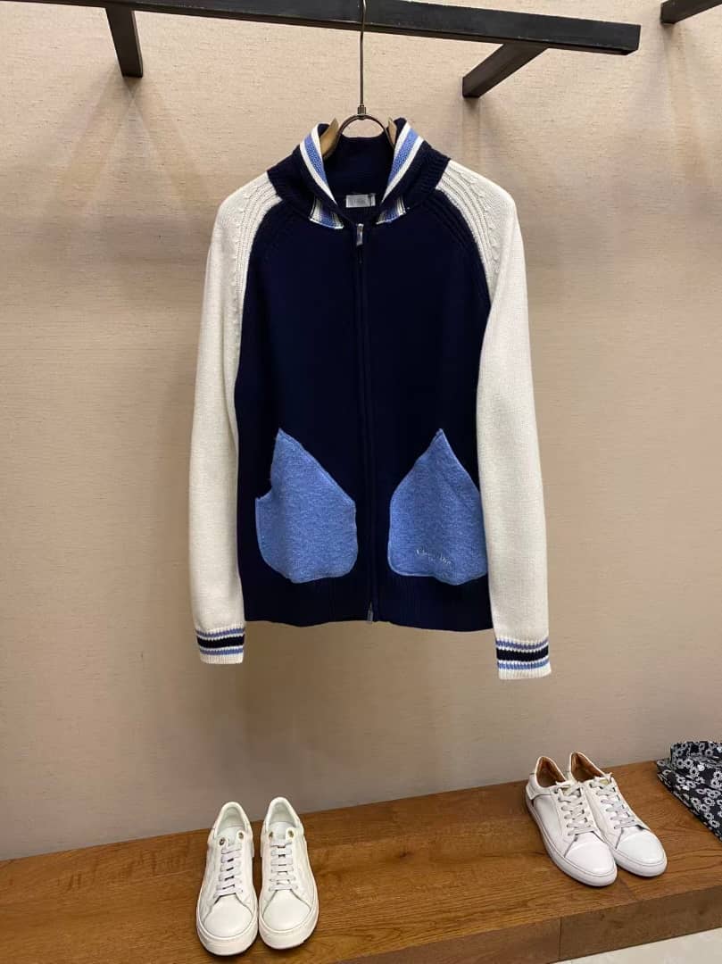 Christian Dior - Navy & White Contrast-Sleeve Knitted Zip Hoodie