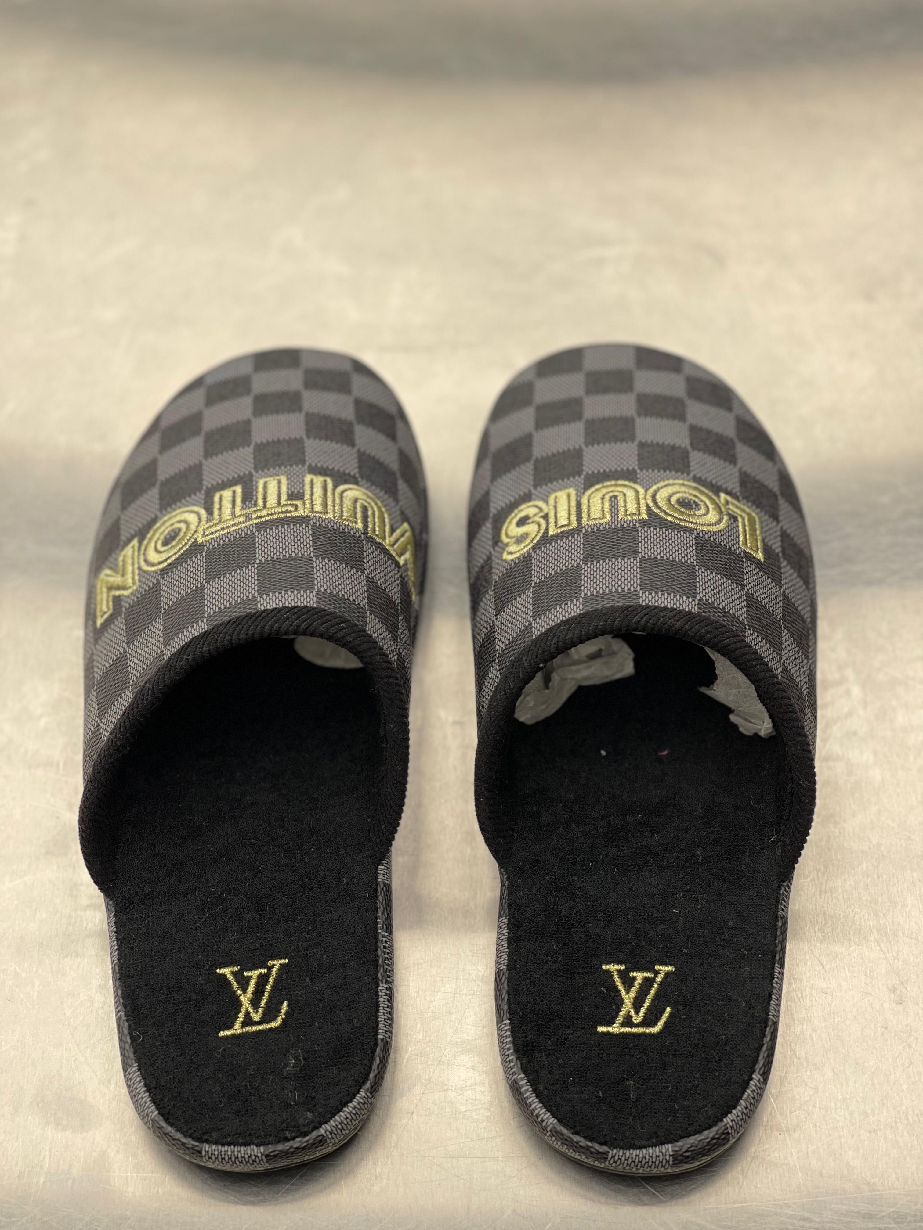 Louis Vuitton - Damier Graphite Gold Embroidered Slippers / Mules