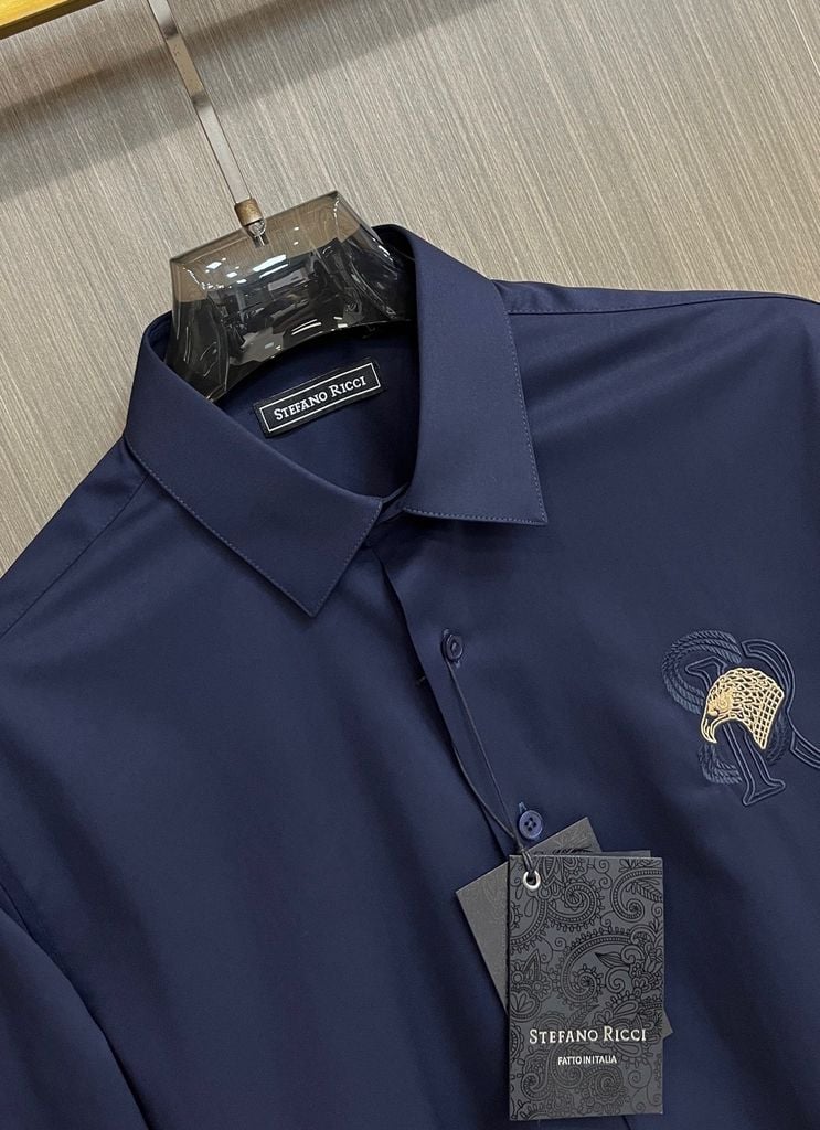 Stefano Ricci Luxury Men’s Long-Sleeve Dress Shirt – Deep Navy Blue with Gold Eagle Crest