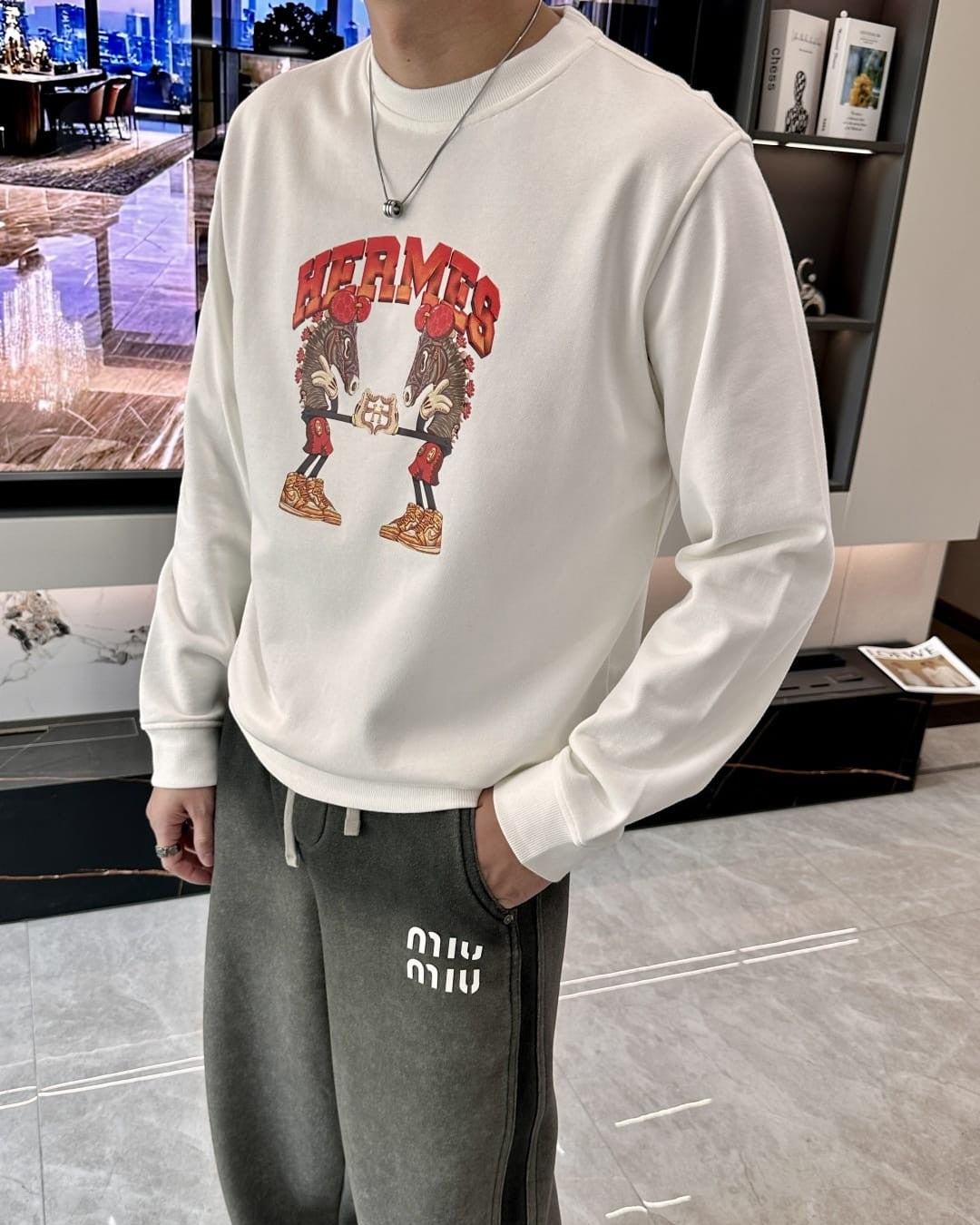 Hermes - White Crewneck Sweatshirt with Cartoon Figures