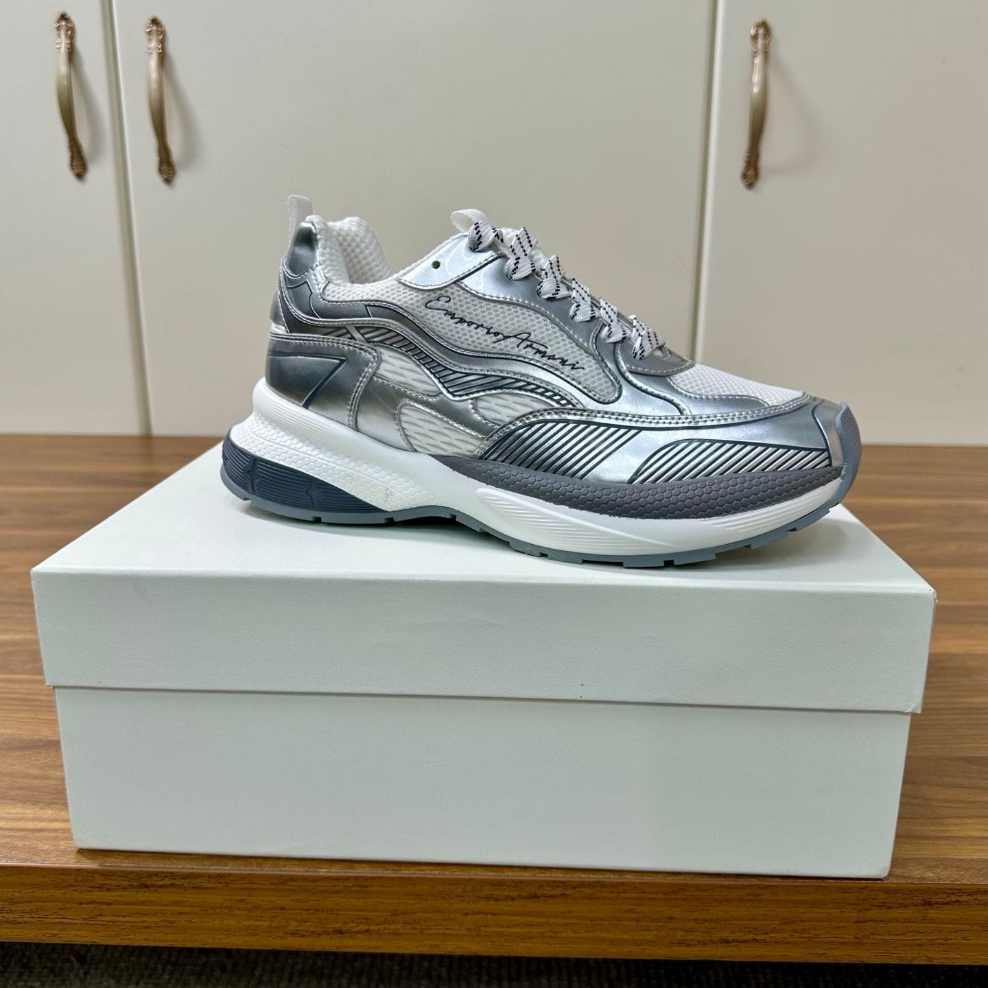 Emporio Armani - Silver Mesh & Leather Low-Top Sneakers