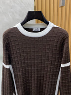 Hermès - Textured Grid Knit Sweater - Brown with White Contrast Stripes