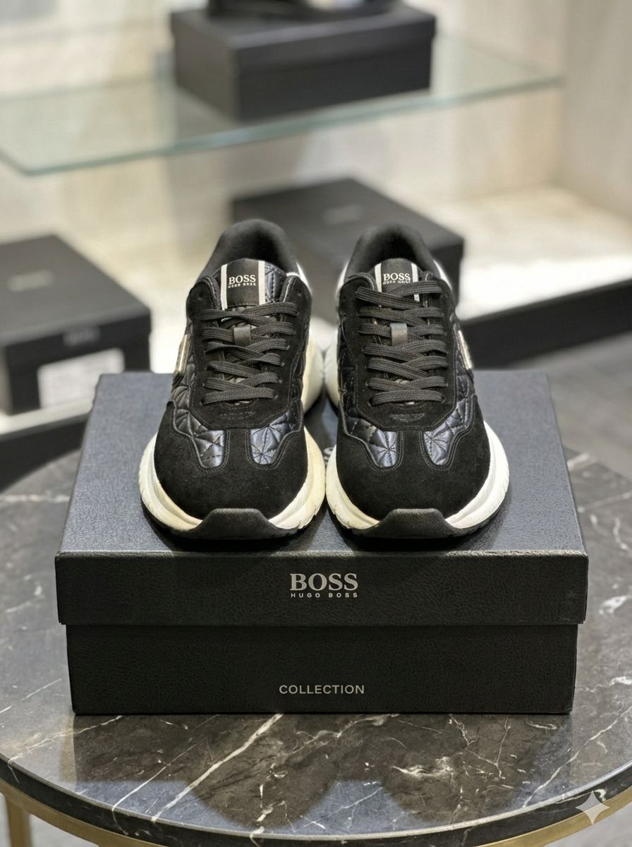 Boos - Black Quilted Panel Runner Sneakers with Chunky White Sole