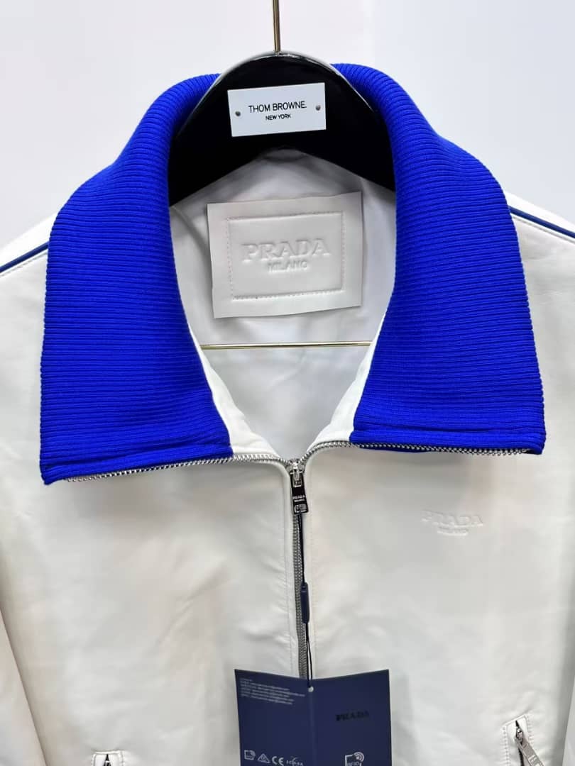 Prada - Men's White Nappa Leather Blouson Jacket with Contrast Blue Ribbed Trim