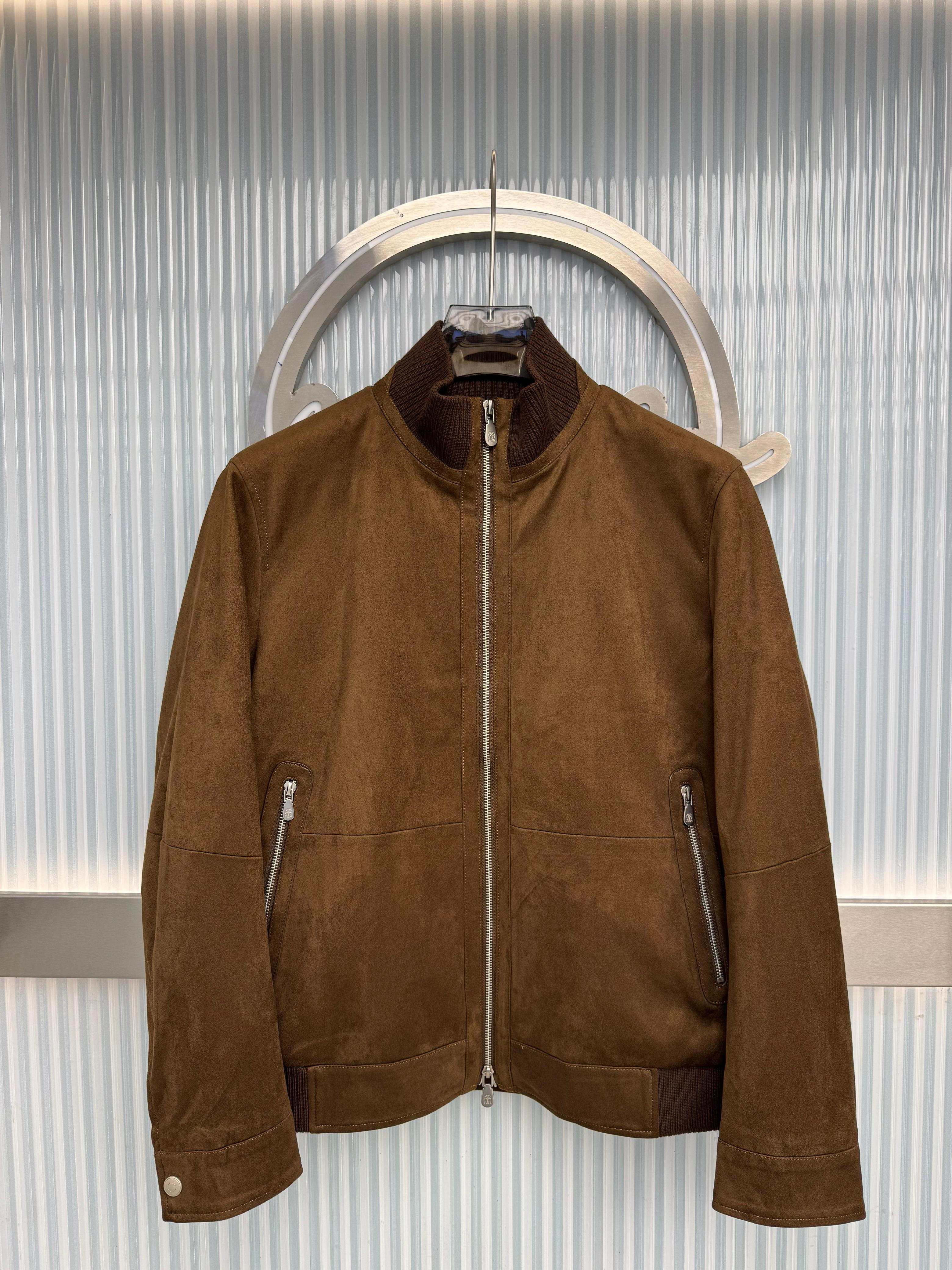 Brunello Cucinelli Suede & Knit Trim Bomber Jacket - Tobacco Brown