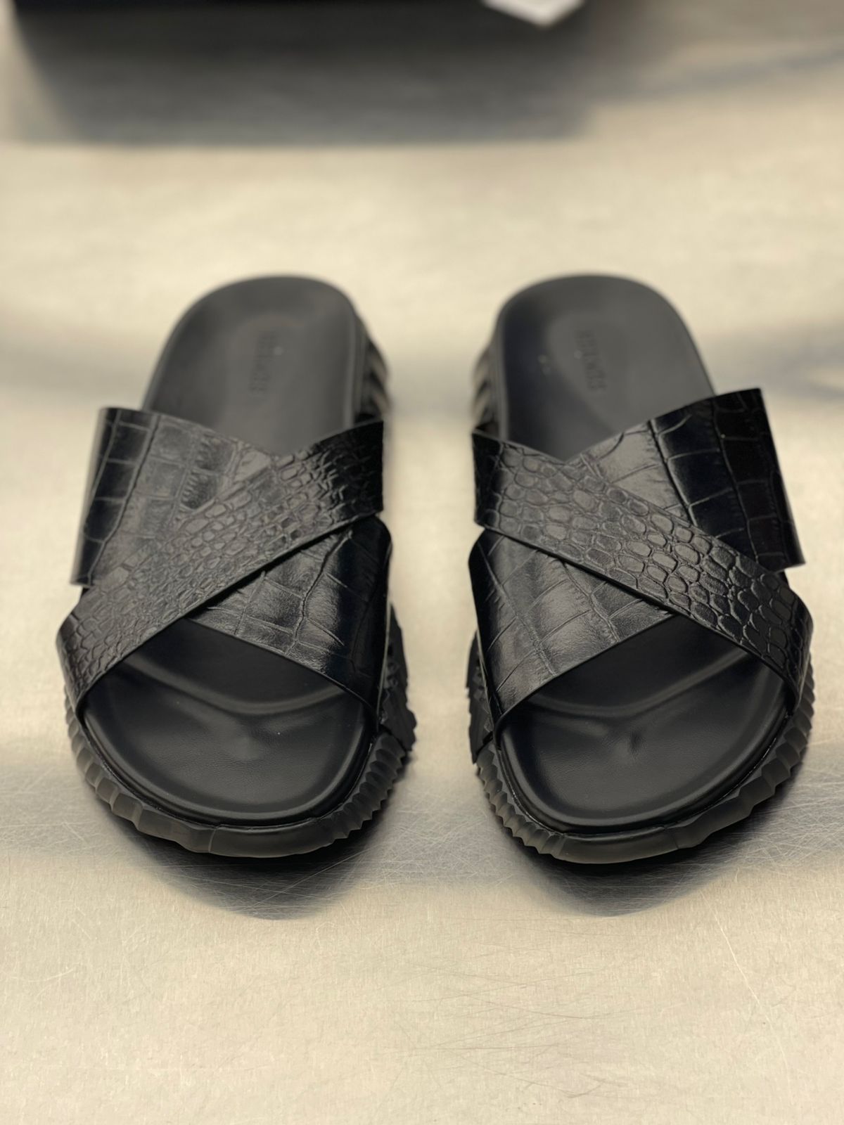 Hermès - Black Crocodile-Embossed Leather Crisscross Sandals – Lebsak