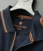 Zegna - Navy Long-Sleeve Zip Polo Sweater with Tipped Collar