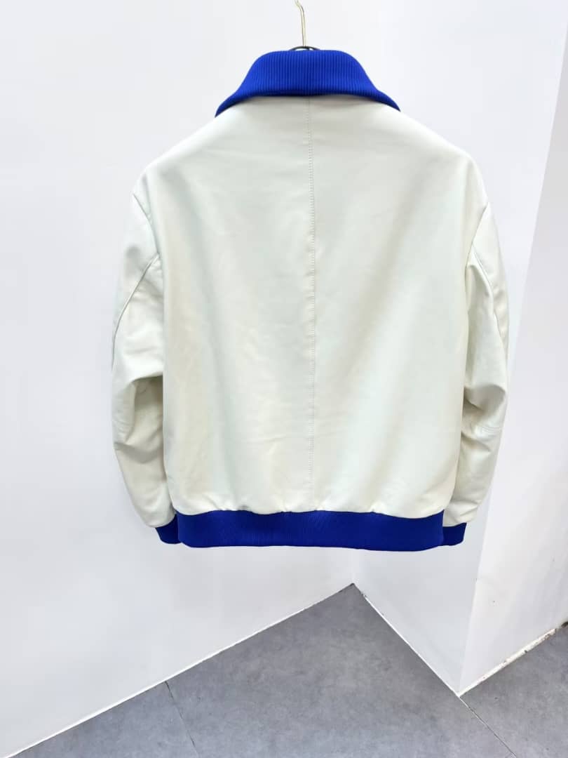 Prada - Men's White Nappa Leather Blouson Jacket with Contrast Blue Ribbed Trim