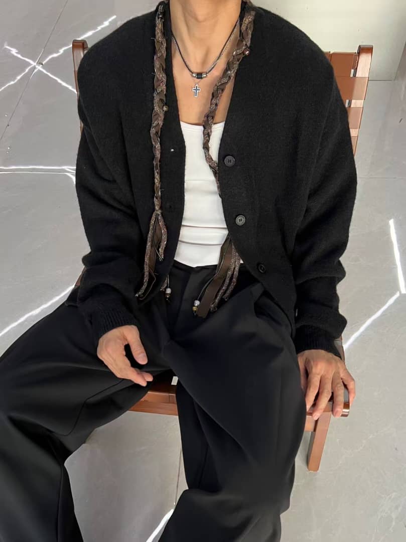 Ader Error Black V-Neck Cardigan with Unique Braided Accent