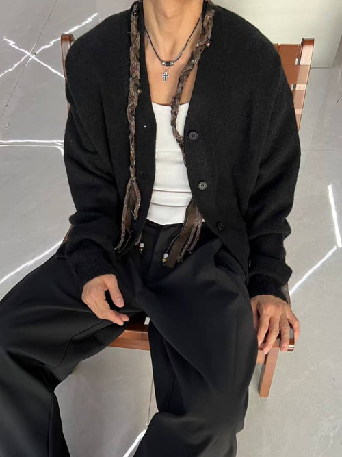 Ader Error Black V-Neck Cardigan with Unique Braided Accent