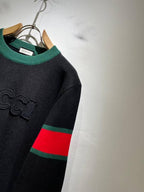 Gucci-Inspired Black Knit Sweater with Green & Red Web Stripes