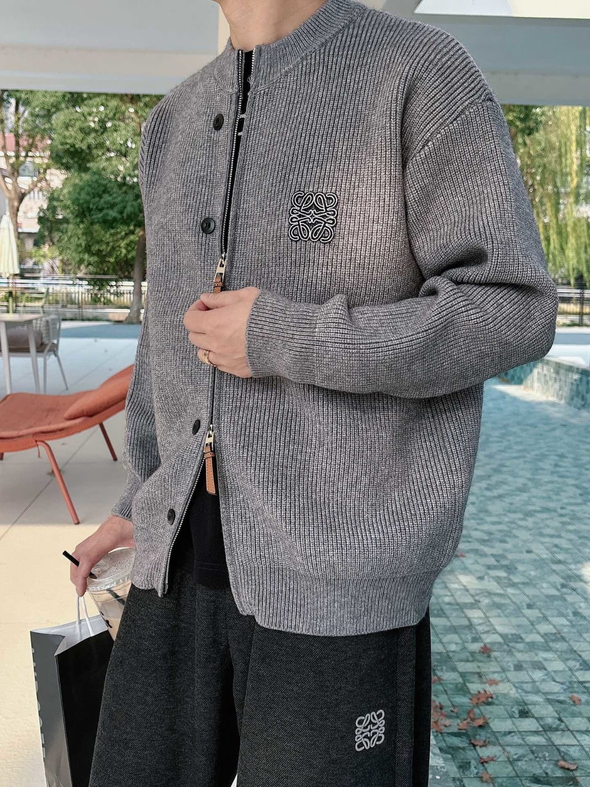 Loewe - Grey Ribbed Knit Zip-Up Cardigan